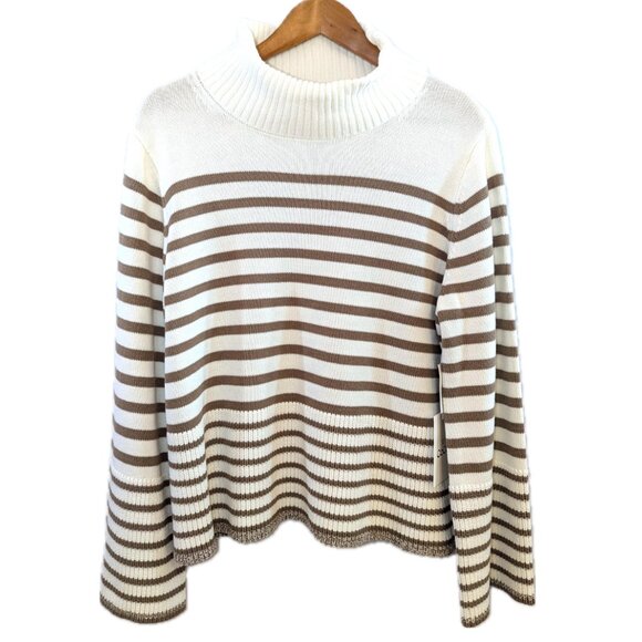 NWT Cece | Cream & Tan Turtleneck Stripe Sweater with Bell Sleeves | Size Medium - Picture 3 of 10